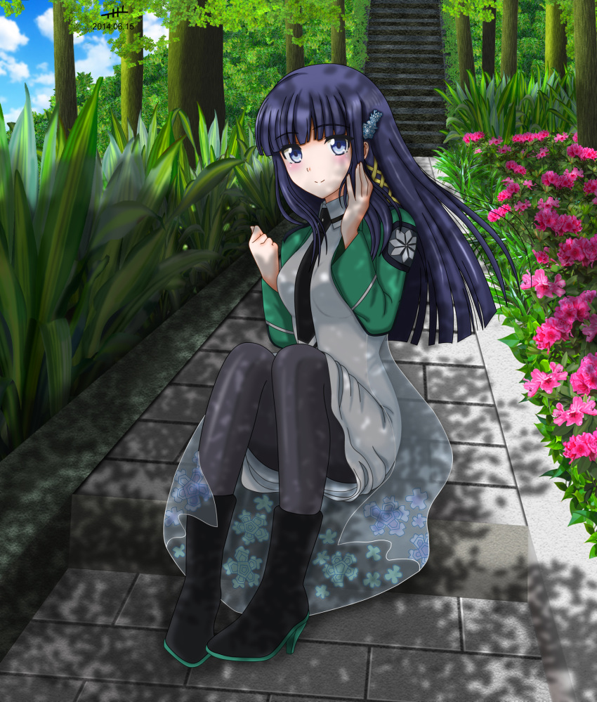 1girl bangs black_hair blue_hair first_high_school_uniform flower highres long_hair looking_at_viewer mahouka_koukou_no_rettousei nihility school_uniform shiba_miyuki sitting solo