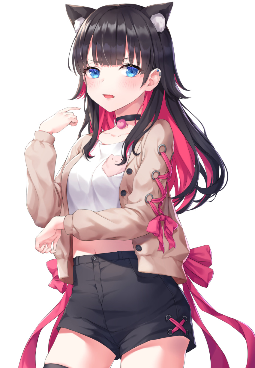 1girl animal_ear_fluff animal_ears black_choker black_hair black_shorts blue_eyes breasts brown_jacket cat_ears choker colored_inner_hair cowboy_shot crop_top ear_piercing extra_ears frown hand_up high-waist_shorts highres jacket kemonomimi_mode long_hair long_sleeves looking_at_viewer medium_breasts midriff multicolored_hair open_clothes open_jacket open_mouth original piercing shirt short_shorts shorts simple_background solo soyubee thighhighs two-tone_hair white_background white_shirt