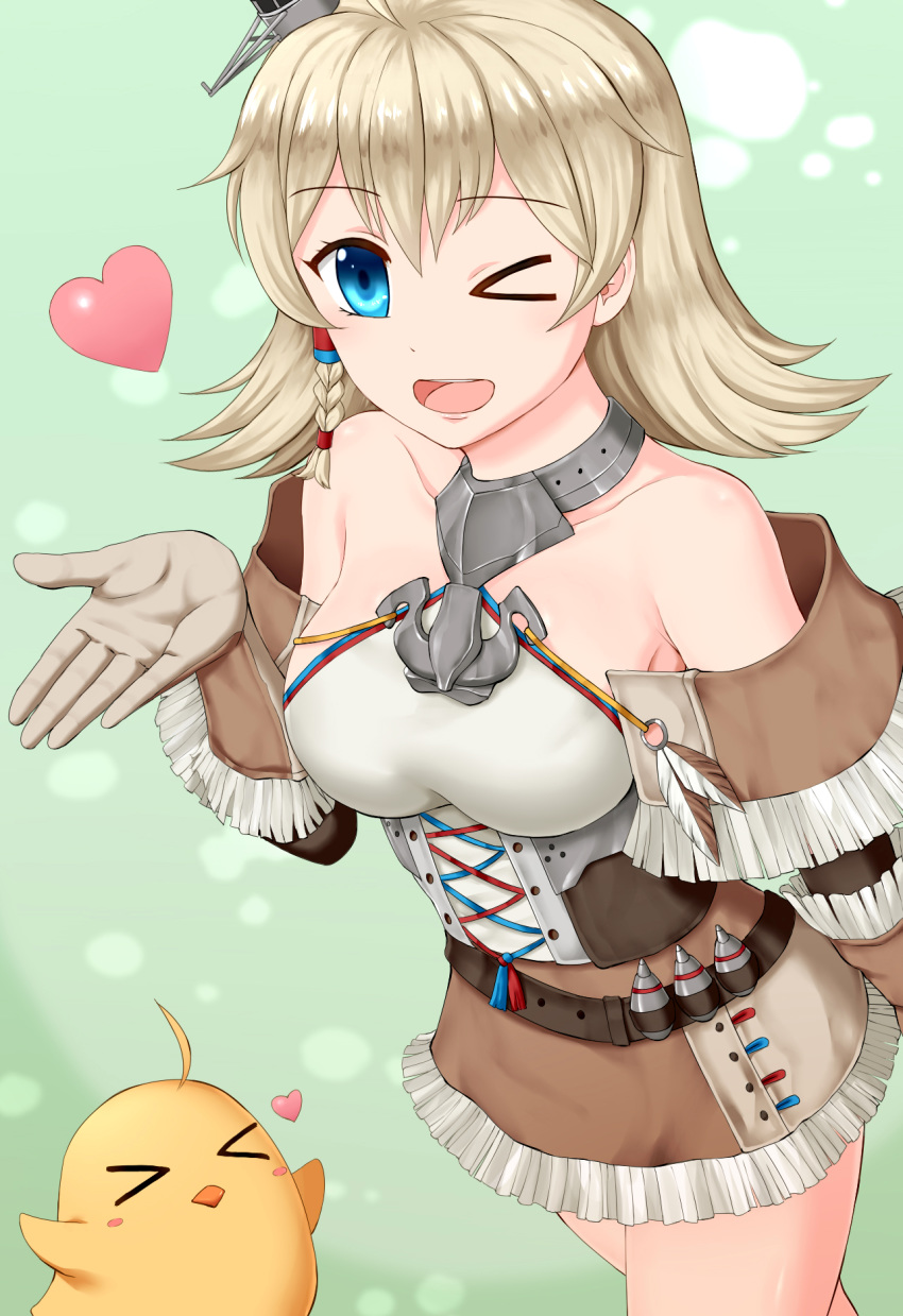 &gt;_&lt; &gt;_o 1girl ahoge anchor_symbol azur_lane bangs bare_shoulders belt bird blonde_hair blue_eyes blush braid breasts brown_belt brown_gloves brown_skirt chick collar collarbone commentary_request corset cowboy_shot detached_sleeves eyebrows_visible_through_hair gloves green_background hair_between_eyes hair_ornament hand_up heart highres impossible_clothes looking_at_viewer manjuu_(azur_lane) medium_breasts medium_hair metal_collar miniskirt oklahoma_(azur_lane) one_eye_closed open_hand open_mouth pazu_(asumo) retrofit_(azur_lane) side_braid sidelocks simple_background skirt smile solo_focus standing upper_teeth