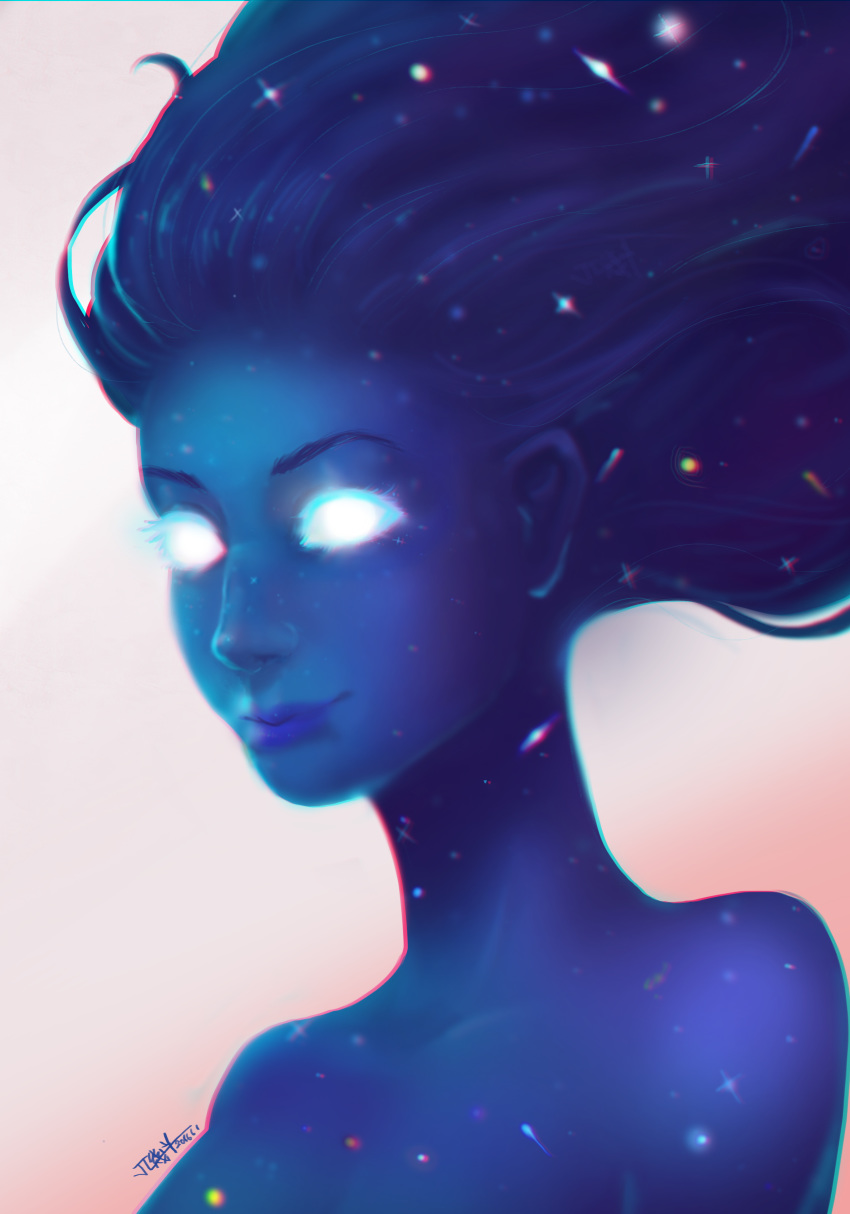 1girl absurdres bare_shoulders blue_hair blue_skin facing_viewer glowing glowing_eyes highres marvel singularity_(marvel) smile solo upper_body wugedou