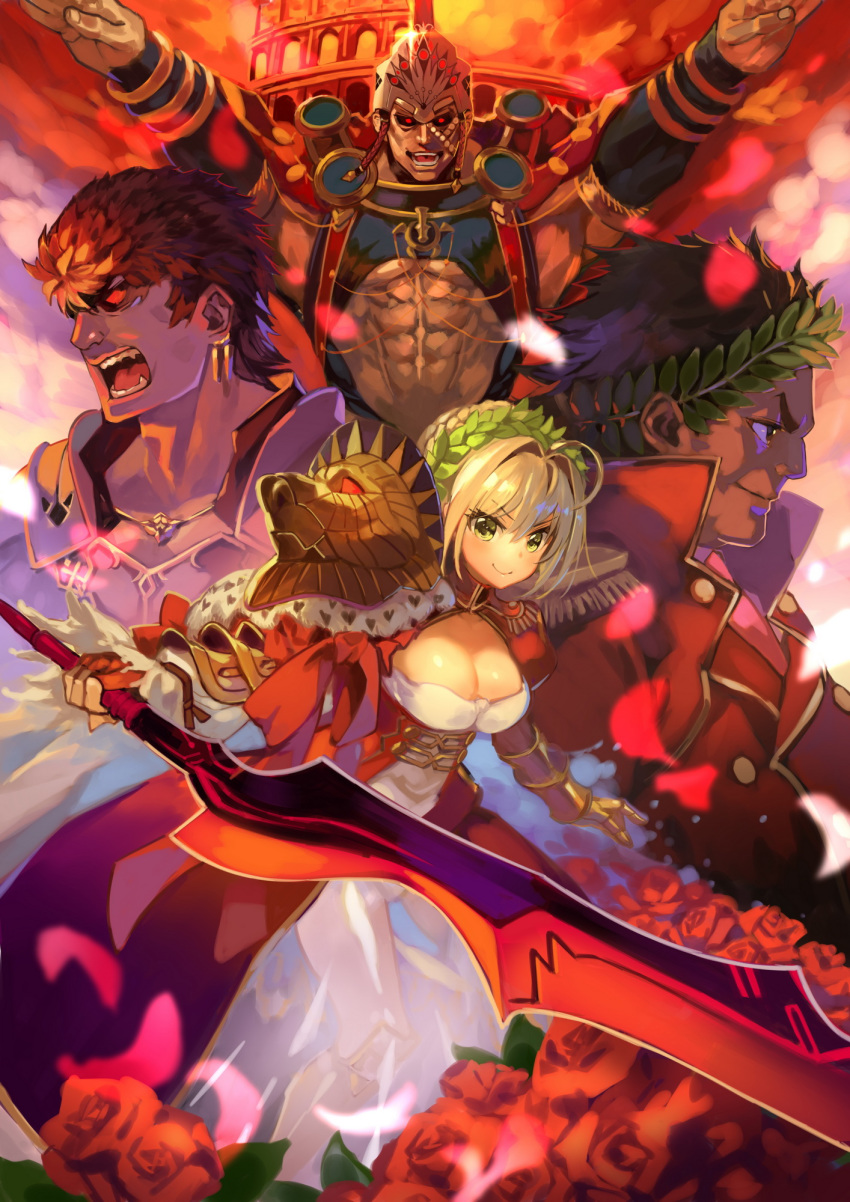 1girl 3boys abs aestus_estus ahoge angry arms_up bangs black_sclera blonde_hair breasts caligula_(fate/grand_order) chest chest_harness cleavage colosseum dress epaulettes fate_(series) flower green_eyes hair_intakes harness highres holding holding_sword holding_weapon julius_caesar_(fate/grand_order) laurel_crown leotard looking_at_viewer looking_to_the_side medium_breasts multiple_boys muscle nero_claudius_(fate) nero_claudius_(fate)_(all) okishiji_en petals pixiv_fate/grand_order_contest_2 red_dress red_eyes romulus_(fate/grand_order) rose see-through short_hair smile sword t-pose weapon