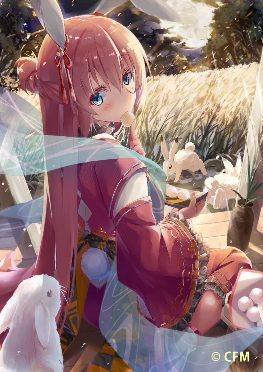 1girl alternate_costume alternate_hairstyle animal_ears blue_eyes blush braid bunny bunny_tail commentary crypton_future_media daidou_(demitasse) dango dark dutch_angle eating eyebrows_visible_through_hair eyelashes field food french_braid full_moon hagoromo hair_ornament hatsune_miku_graphy_collection highres japanese_clothes light_particles looking_at_viewer looking_back megurine_luka mochi moon mouth_hold night outdoors plant potted_plant scenery shawl sitting solo susuki_grass tabi tail tree tsukimi tsukimi_dango vocaloid wagashi wariza wheat_field