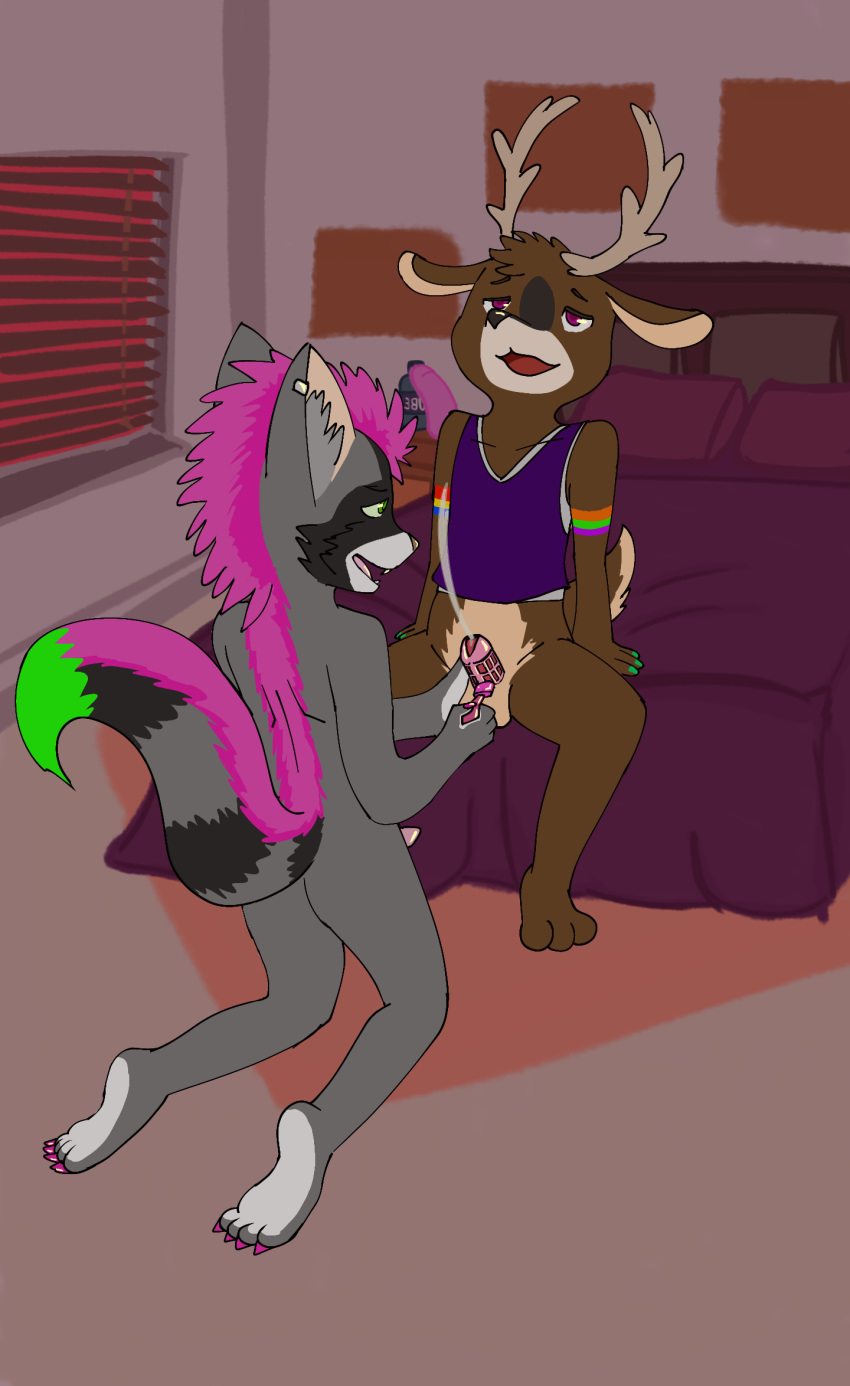 anthro antlers bed bedroom bottomless cervid chastity_cage chastity_device clothed clothing colored_nails crop_top crouching duo ear_piercing ejaculation ethan_bedlam furniture girly green_hair hair hi_res hirokitty horn keyholder male male/male mammal mohawk_(disambiguation) nails nude paws piercing pink_hair procyonid punk raccoon rainbow shirt tara_voxis teenager topwear young