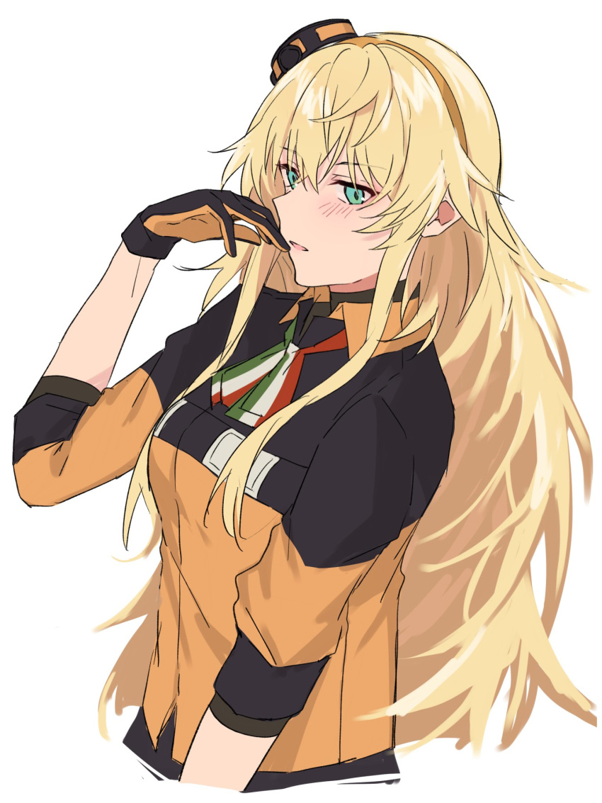 1girl aogisa black_gloves blonde_hair blush eyebrows_visible_through_hair girls_frontline gloves green_eyes hair_ornament hand_up highres italian_flag italian_flag_neckwear jacket long_hair looking_at_viewer multicolored multicolored_clothes multicolored_jacket profile s.a.t.8_(girls_frontline) solo white_background
