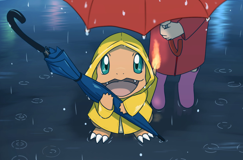 1other boots charmander coat commentary_request enohito fangs gen_1_pokemon green_eyes holding holding_umbrella long_sleeves looking_at_viewer looking_up open_mouth pink_footwear pokemon pokemon_(creature) rain raincoat red_coat red_umbrella ripples rubber_boots tongue umbrella yellow_raincoat