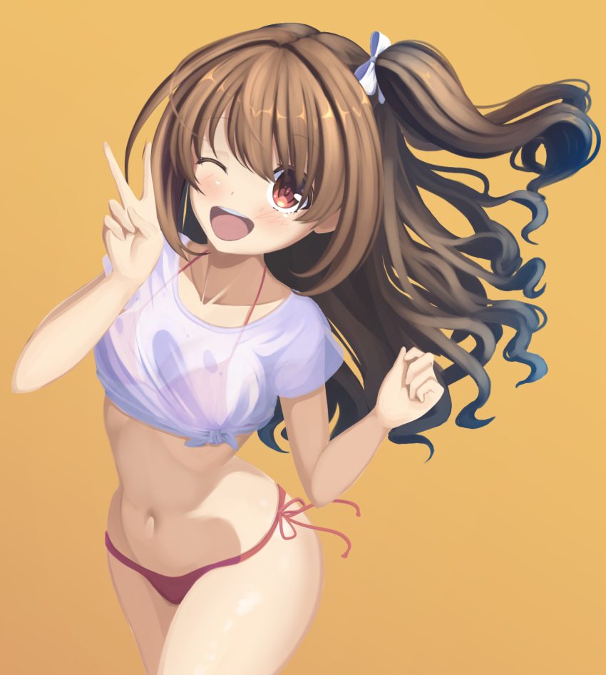 1girl ;d bikini bikini_under_clothes blush bow brown_hair collarbone cowboy_shot floating_hair hair_bow highres idolmaster idolmaster_cinderella_girls long_hair midriff navel one_eye_closed open_mouth red_bikini red_eyes shimamura_uzuki shiny shiny_hair shirt side-tie_bikini side_ponytail simple_background smile solo standing stomach swimsuit takizawa_tarou tied_shirt v very_long_hair white_bow white_shirt yellow_background