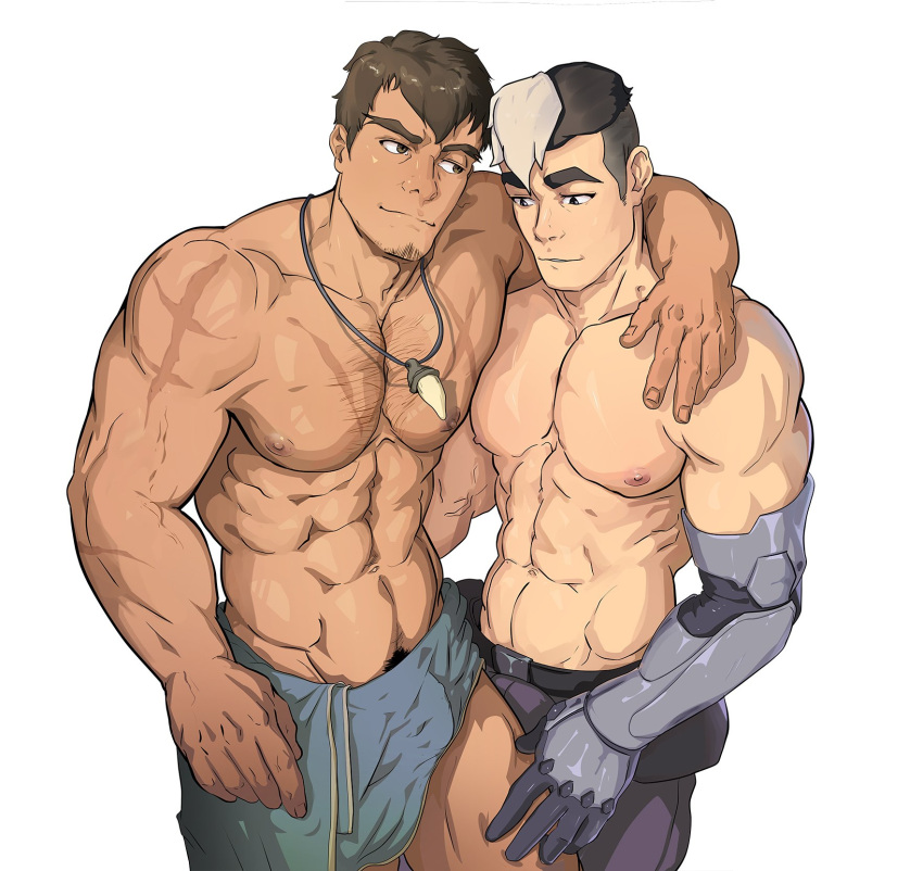 2boys abs arm_around_shoulder bara bulge bulge_press chest_hair clothes_around_waist cross_scar crossover dark-skinned_male dark_skin dota:_dragon's_blood dota_(series) dota_2 dragon_knight_(dota) erection erection_under_clothes facial_hair feet_out_of_frame goatee highres interracial jacket jacket_around_waist large_pectorals loegaku male_focus male_pubic_hair mature_male multiple_boys muscular muscular_male naked_jacket navel navel_hair nipples pectoral_docking pectoral_press pectorals pubic_hair pubic_hair_peek scar scar_on_chest short_hair sideburns smile stomach takashi_shirogane thick_eyebrows thick_thighs thighs topless_male voltron:_legendary_defender yaoi