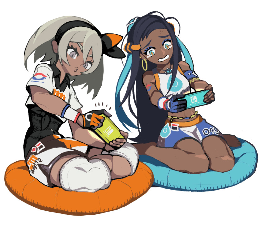 2girls absurdres anger_vein aqua_hair armlet bare_legs bare_shoulders barefoot bea_(pokemon) belly_chain bike_shorts black_bodysuit black_hair black_hairband bodysuit bodysuit_under_clothes bow_hairband clenched_teeth collared_shirt dark_skin earrings full_body furrowed_eyebrows gloves gratin_gratin green_eyes grey_eyes grey_hair gym_leader hair_between_eyes hair_bun hairband handheld_game_console highres holding holding_handheld_game_console hoop_earrings jewelry knee_pads leaning_to_the_side long_hair medium_hair multicolored multicolored_eyes multicolored_hair multiple_girls nessa_(pokemon) nintendo_switch o3o on_pillow orange_eyes partly_fingerless_gloves pillow playing_games pokemon pokemon_(game) pokemon_swsh print_shirt print_shorts puckered_lips shirt short_sleeves shorts side-by-side simple_background single_glove sitting stomach swimsuit tankini tearing_up teeth tied_shirt two-tone_hair very_long_hair wariza white_background