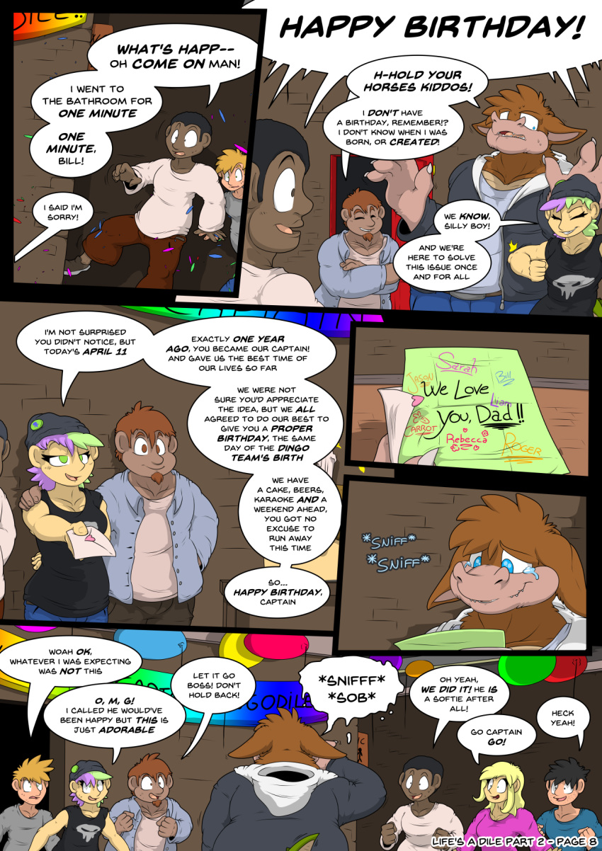 activision anthro arty_stu balloon cake candle canid canine canis comic crash_bandicoot_(series) crocodile crocodilian crocodylid dingo dingodile english_text fancomic food happy_birthday hi_res human mammal message reptile scalie surprise surprised_face text video_games webcomic