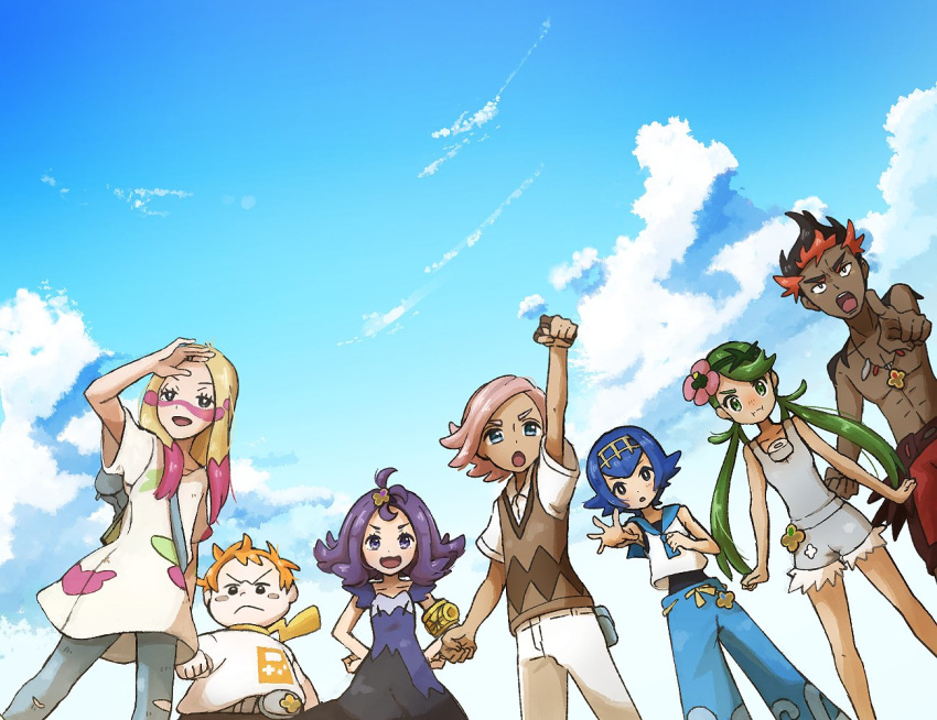 3boys 4girls abs acerola_(pokemon) arm_up belt black_eyes black_hair blonde_hair blue_eyes blue_hair blue_pants blush blush_stickers clenched_hands cloud commentary_request dark_skin dark_skinned_male day dress eyelashes flower green_hair hair_flower hair_ornament hands_on_hips ilima_(pokemon) jewelry kiawe_(pokemon) lana_(pokemon) mallow_(pokemon) mina_(pokemon) miu_(miuuu_721) multicolored_hair multiple_boys multiple_girls necklace open_mouth orange_hair outdoors pants pink_hair pointing pokemon pokemon_(game) pokemon_sm pout purple_hair sailor_collar shirt shirtless short_sleeves sky sleeveless_sweater sophocles_(pokemon) tongue torn_clothes torn_pants twintails two-tone_hair