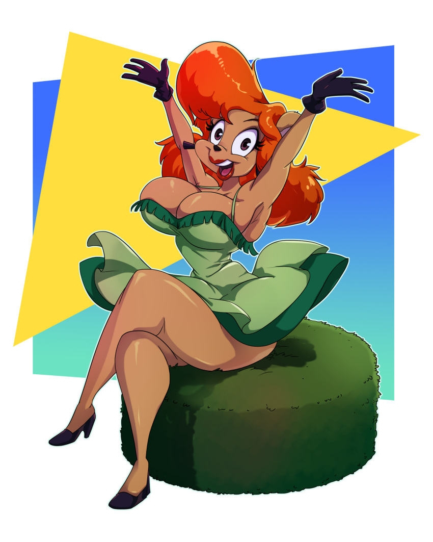 4:5 anthro big_breasts breasts cleavage clothed clothing crossed_legs female footwear hi_res high_heels julie_bruin mammal shoes sitting solo spiralingstaircase tiny_toon_adventures ursid warner_brothers