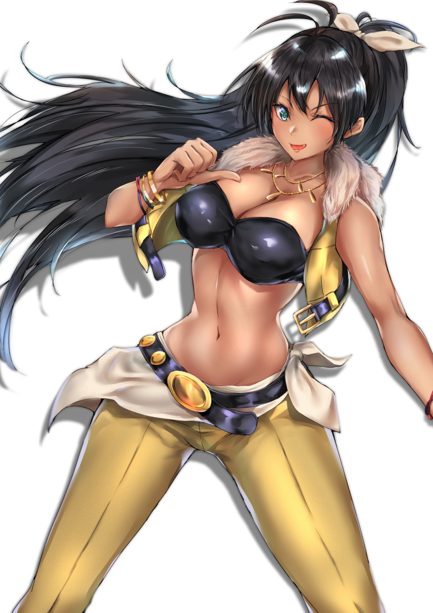 1girl ;d absurdres antenna_hair bangs bare_shoulders belt beyond_the_vibes black_belt black_hair black_tubetop blue_eyes blush bracelet breasts cleavage collarbone commentary_request cowboy_shot drop_shadow earrings eyebrows_visible_through_hair fang fur-trimmed_vest ganaha_hibiki groin hair_between_eyes hair_ribbon highres idolmaster idolmaster_(classic) jewelry large_breasts long_hair looking_at_viewer midriff miha-g navel necklace one_eye_closed open_clothes open_mouth open_vest pants pointing pointing_at_self ponytail ribbon sidelocks simple_background smile solo standing strapless tubetop vest white_background white_ribbon yellow_pants yellow_vest