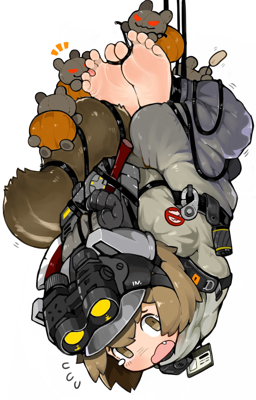 1girl absurdres animal_ears_helmet arknights barefoot black_gloves bound brown_eyes brown_hair fang feet flying_sweatdrops foot_licking gloves goggles goggles_on_head goggles_on_headwear grey_jumpsuit helmet highres id_card jumpsuit licking menla open_mouth panicking shaw_(arknights) short_hair simple_background squirrel_tail tail tied_up tongue tongue_out upside-down white_background