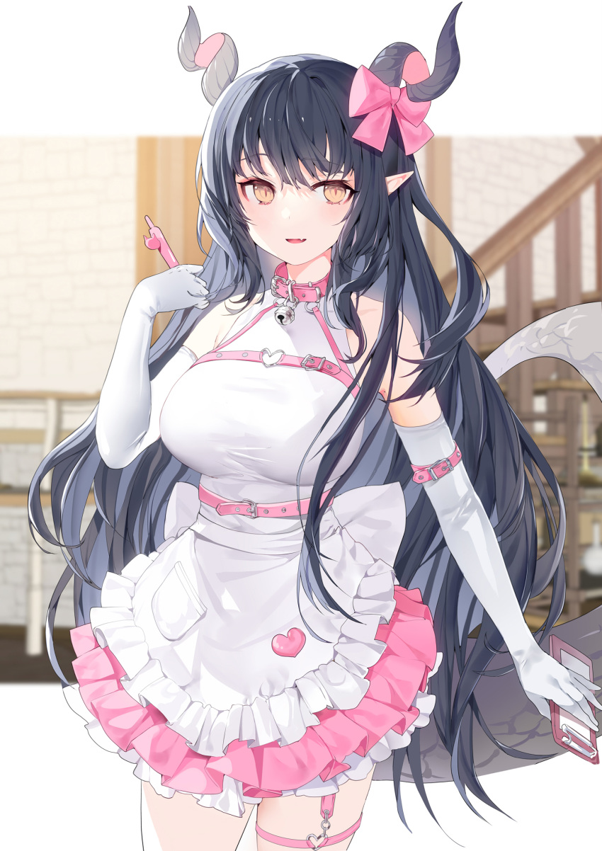 1girl apron bare_shoulders belt black_hair bow breasts collar cowboy_shot curled_horns dragon_girl dragon_horns dragon_tail dress elbow_gloves fang frilled_dress frills gloves hair_bow hand_up highres holding horns large_breasts long_hair looking_at_viewer maid maid_apron mole mole_on_armpits open_mouth original pen pink_dress pointy_ears ronopu sidelocks sleeveless sleeveless_dress slit_pupils smile solo tail taut_clothes taut_dress thigh_strap very_long_hair white_gloves yellow_eyes