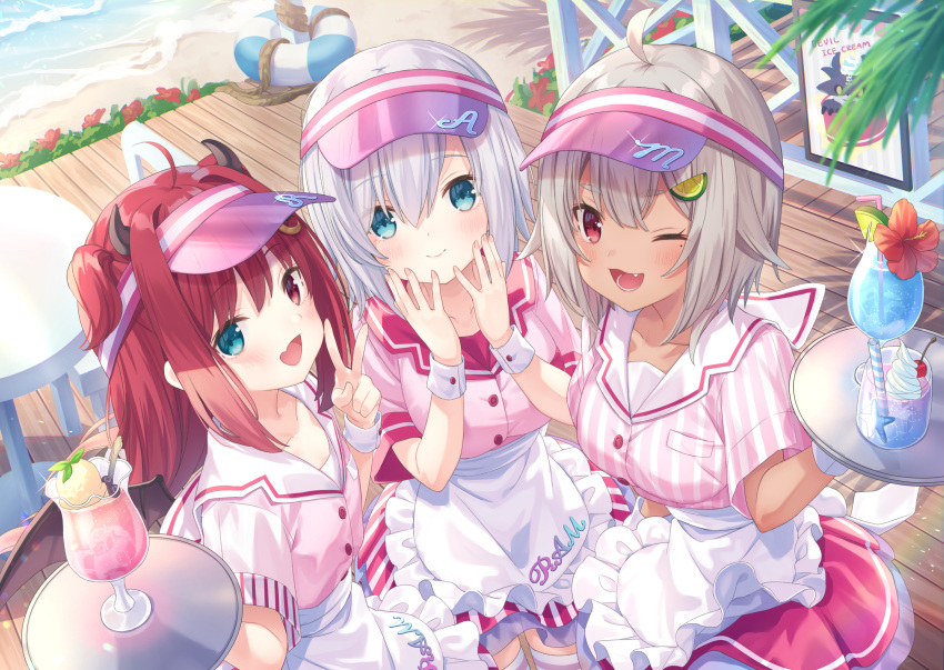 ars_almal bicolored_eyes dark_skin demon drink fang hayama_marin horns jimmy nijisanji short_hair waitress wink yuzuki_roa