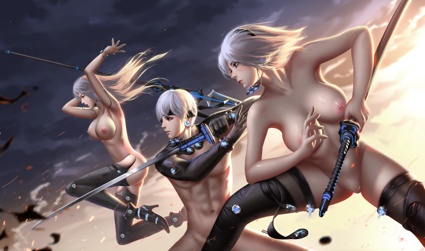 blue_eyes breasts cosplay gantz gloves gray_hair katana liang_xing long_hair male navel nier nier:_automata nipples pussy pussy_juice short_hair spear sword thighhighs uncensored weapon yorha_unit_no._2_type_a yorha_unit_no._2_type_b yorha_unit_no._9_type_s