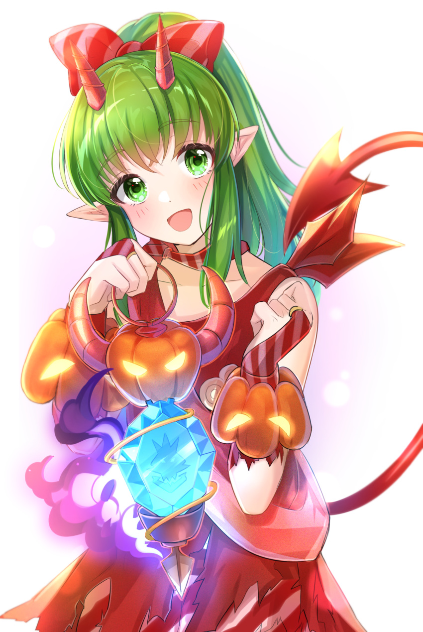 1girl :d bangs bare_shoulders blush bow bridal_gauntlets commentary_request demon_horns demon_tail dress eyebrows_visible_through_hair fire_emblem fire_emblem_heroes glowing green_eyes green_hair hair_bow hands_up head_tilt highres holding horns jack-o'-lantern long_hair looking_at_viewer open_mouth pointy_ears ponytail red_bow red_dress satoimo_chika sidelocks sleeveless sleeveless_dress smile solo tail tail_raised tiki_(fire_emblem) torn_clothes torn_dress white_background