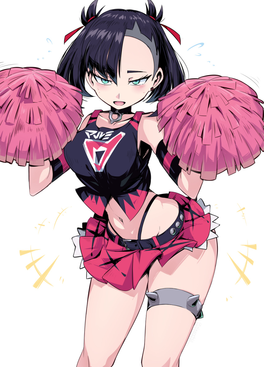 1girl bangs black_hair breasts cheerleader green_eyes highres large_breasts looking_at_viewer marnie_(pokemon) midriff miniskirt navel open_mouth pokemon pokemon_(game) pokemon_swsh pom_poms red_skirt shimure_(460) short_hair skirt solo thigh_strap