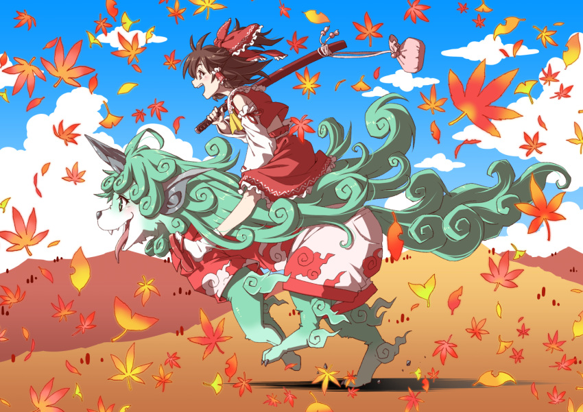1girl animal animalization ascot autumn_leaves bag bare_shoulders bow brown_hair clothed_animal collared_shirt day detached_sleeves floating_hair frilled_bow frilled_shirt_collar frilled_skirt frills from_side ginkgo_leaf hair_bow hair_tubes hakurei_reimu happy holding holding_sword holding_weapon horns inuno_rakugaki japanese_clothes katana komano_aun komano_aun_(komainu) leaf looking_afar maple_leaf medium_hair miko nontraditional_miko outdoors over_shoulder red_bow red_shirt red_skirt ribbon-trimmed_sleeves ribbon_trim riding running sandals sheath sheathed shirt shorts sidelocks single_horn skirt skirt_set sleeveless sleeveless_shirt smile socks sword tongue tongue_out touhou weapon weapon_over_shoulder white_legwear wide_sleeves yellow_neckwear