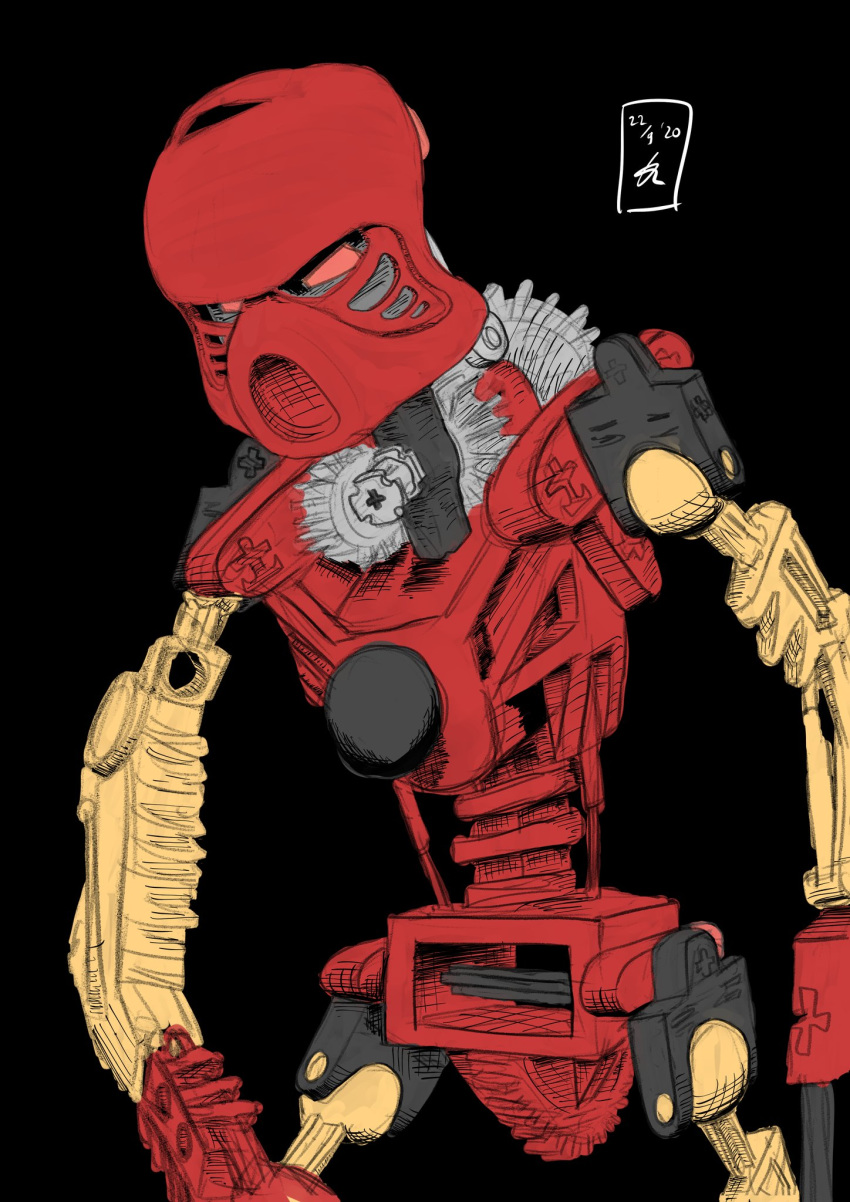 alfirizkyr ambiguous_gender armor bionicle black_background digital_drawing_(artwork) digital_media_(artwork) frown gears hi_res humanoid lego machine mask multicolored_body not_furry number red_body red_eyes robot signature simple_background solo standing tahu text toa two_tone_body yellow_body