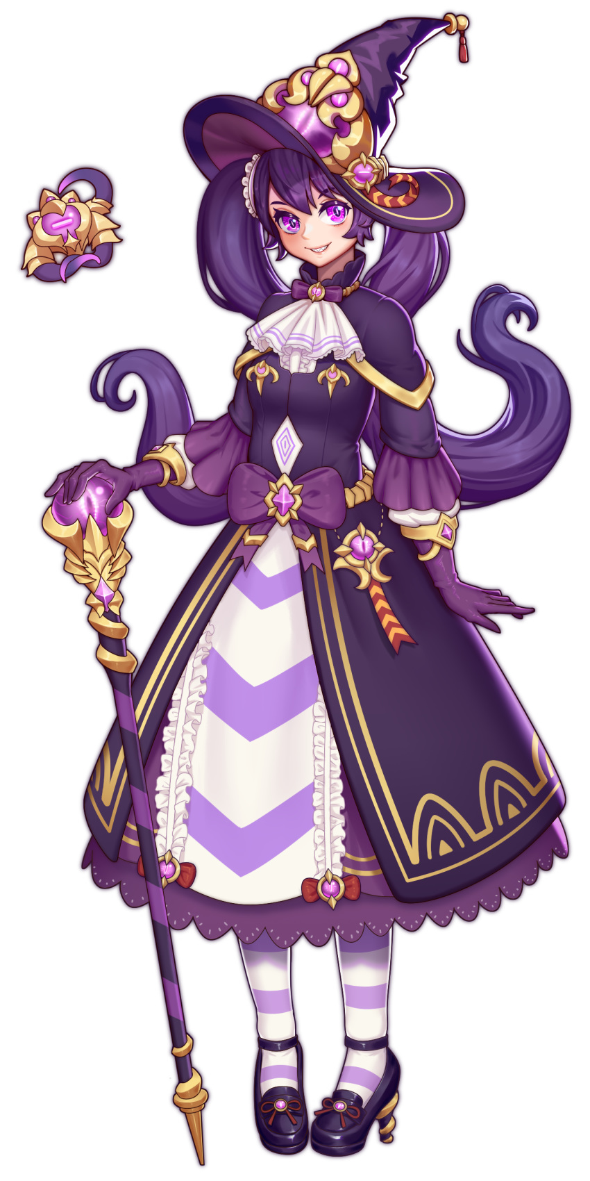 1girl absurdres black_footwear bow cane dress frills gem genderswap genderswap_(mtf) gloves glowing hat high_heels highres holding holding_cane kokoala league_of_legends long_hair parted_lips purple_bow purple_dress purple_eyes purple_gloves purple_hair purple_headwear purple_theme simple_background smile solo standing striped striped_legwear twintails vel'koz white_background witch_hat