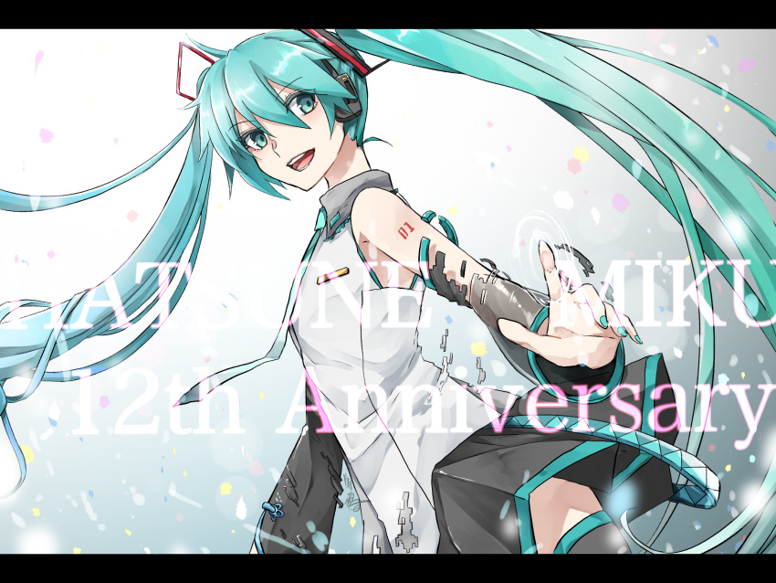 1girl anniversary aqua_eyes aqua_hair aqua_nails aqua_neckwear bare_shoulders black_legwear black_skirt black_sleeves character_name chimerism collar commentary confetti cowboy_shot detached_sleeves digital_dissolve dutch_angle fusion grey_collar hair_ornament hatsune_miku hatsune_miku_(vocaloid3) hatsune_miku_(vocaloid4) hatsune_miku_(vocaloid4)_(chinese) headphones highres index_finger_raised katai_ameshi long_hair looking_to_the_side miniskirt nail_polish necktie open_mouth pleated_skirt shirt shoulder_tattoo skirt sleeveless sleeveless_shirt smile solo tattoo thighhighs twintails v4x very_long_hair vocaloid white_shirt zettai_ryouiki