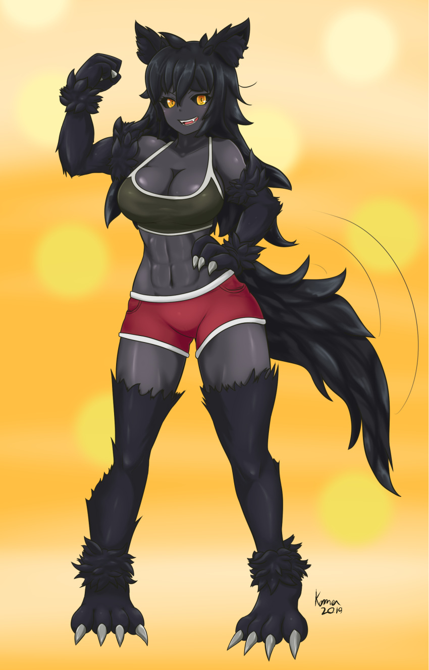 abs animal_humanoid athletic athletic_female athletic_humanoid big_breasts black_body black_fur black_hair black_sclera breasts canid canid_demon canid_humanoid canine canine_humanoid claws cleavage clothed clothing crop_top demon female finger_claws fully_clothed fur grey_body grey_skin hair hellhound hellhound_(mge) hi_res humanoid kawma long_hair looking_at_viewer mammal mammal_humanoid midriff monotone_hair monster_girl_(genre) monster_girl_encyclopedia navel open_mouth open_smile paws shirt smile solo standing tailwag toe_claws topwear yellow_eyes
