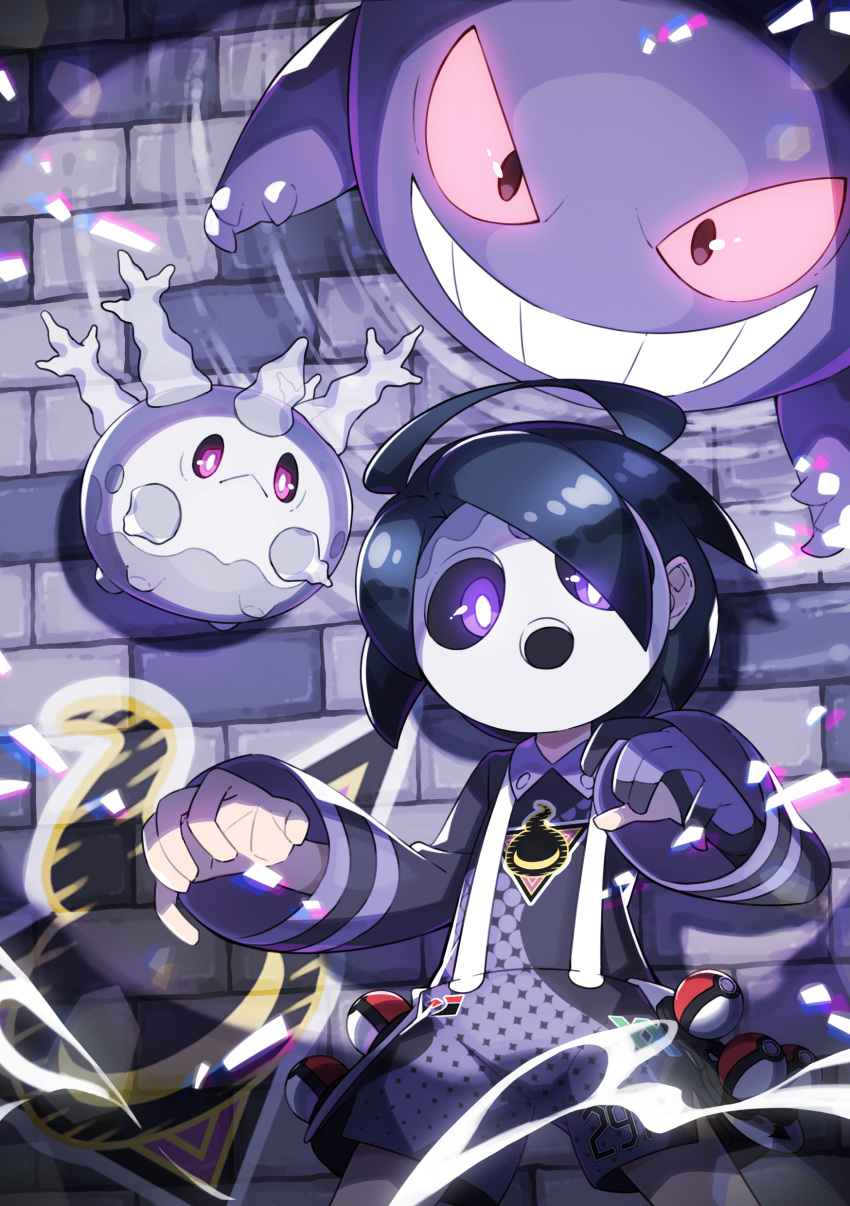 1boy absurdres ahoge allister_(pokemon) black_hair collared_shirt galarian_corsola galarian_form gen_1_pokemon gen_8_pokemon gengar gloves gym_leader highres long_sleeves looking_at_viewer mask number partly_fingerless_gloves poke_ball poke_ball_(basic) pokemon pokemon_(creature) pokemon_(game) pokemon_swsh purple_eyes shirt short_hair shorts single_glove suspender_shorts suspenders taisa_(lovemokunae)