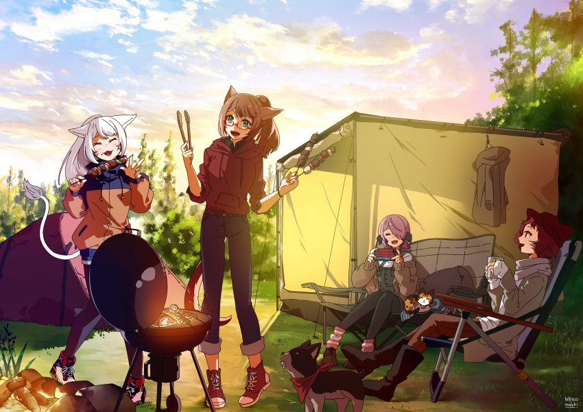 4girls absurdres animal_ears au_ra bangs barbecue brown_hair campfire camping cardigan cat cat_ears cat_tail chair closed_eyes cooking cup day dog dragon_horns facial_mark final_fantasy final_fantasy_xiv folding_chair food forest glasses green_eyes grilling hair_over_one_eye hat highres holding holding_cup hood hood_down hoodie horns jacket kebab legwear_under_shorts lili_mdoki long_hair looking_at_another miqo'te multiple_girls nature open_clothes open_jacket outdoors pantyhose pink_hair ponytail red-framed_eyewear red_hair scales scarf semi-rimless_eyewear short_hair shorts sitting standing tail tent tongs tree v whisker_markings white_hair