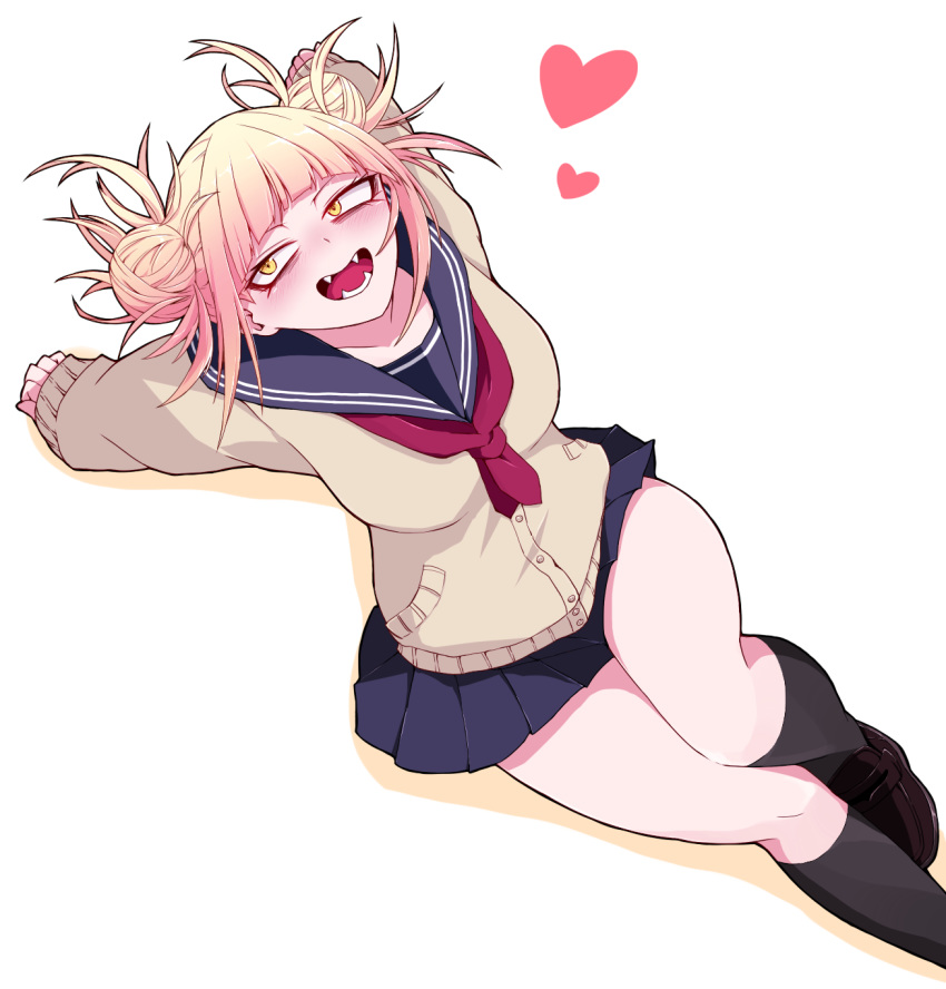 1girl black_skirt blonde_hair blue_sailor_collar blush boku_no_hero_academia brown_footwear cardigan double_bun fangs heat highres kneehighs long_sleeves okumari open_mouth red_neckwear sailor_collar school_uniform serafuku shoes simple_background skirt smile solo teeth thighs toga_himiko white_background yellow_eyes