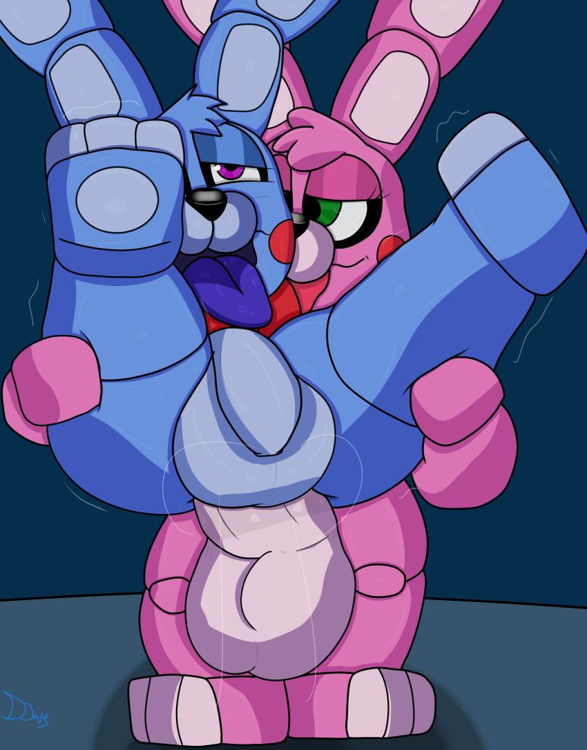 absurd_res animatronic anthro balls big_balls big_penis blue_body bonnet_(fnafsl) carrying duo eyelashes five_nights_at_freddy's flaccid genitals green_eyes half-closed_eyes hi_res intersex intersex/male lagomorph leporid looking_pleasured machine male male_penetrated mammal narrowed_eyes open_mouth penetration penis pink_body plushtrapboyuwu puppet_bonnie_(fnafsl) purple_eyes rabbit robot simple_background sister_location smile spread_legs spreading thick_thighs tongue tongue_out video_games