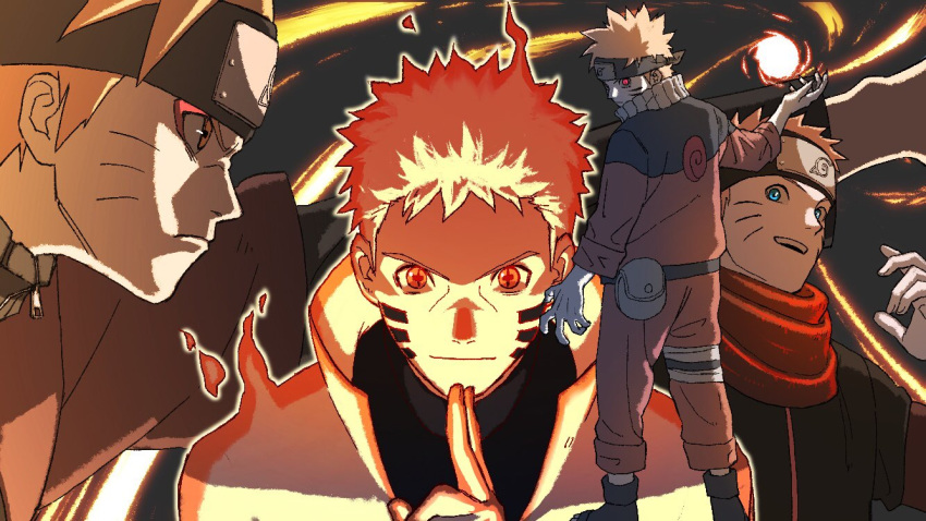 1boy blonde_hair blue_eyes boruto:_naruto_next_generations forehead_protector frog_eyes glowing glowing_eyes hand_seal jacket konohagakure_symbol looking_at_viewer multiple_persona naruto naruto_(series) naruto_shippuuden open_mouth rasengan red_eyes red_scarf scarf shimizugawa slit_pupils smile spiked_hair standing uzumaki_naruto whisker_markings whiskers