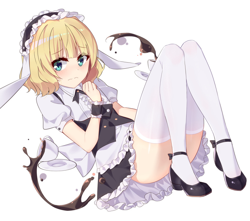 1girl animal_ears aqua_eyes bangs blonde_hair blunt_bangs blush closed_mouth cup ddt_(darktrident) dress eyebrows_visible_through_hair fake_animal_ears fleur_de_lapin_uniform frilled_dress frills full_body gochuumon_wa_usagi_desu_ka? high_heels kirima_sharo looking_at_viewer maid_headdress saucer shiny shiny_hair shoes short_hair simple_background sitting solo teacup thighhighs thighs vest wavy_hair white_background white_legwear wrist_cuffs