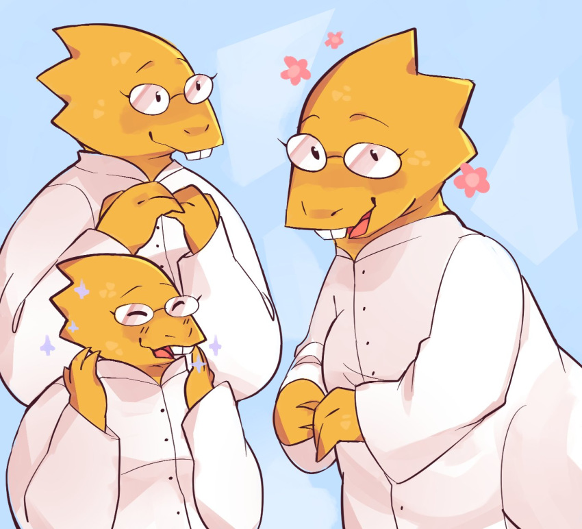3_fingers alphys anthro blush buckteeth clothing coat eyes_closed eyewear female fingers flower front_view glasses hi_res lab_coat lizard looking_at_viewer open_mouth open_smile piixiewixie plant reptile scales scalie simple_background smile solo teeth three-quarter_view topwear undertale video_games yellow_body yellow_scales