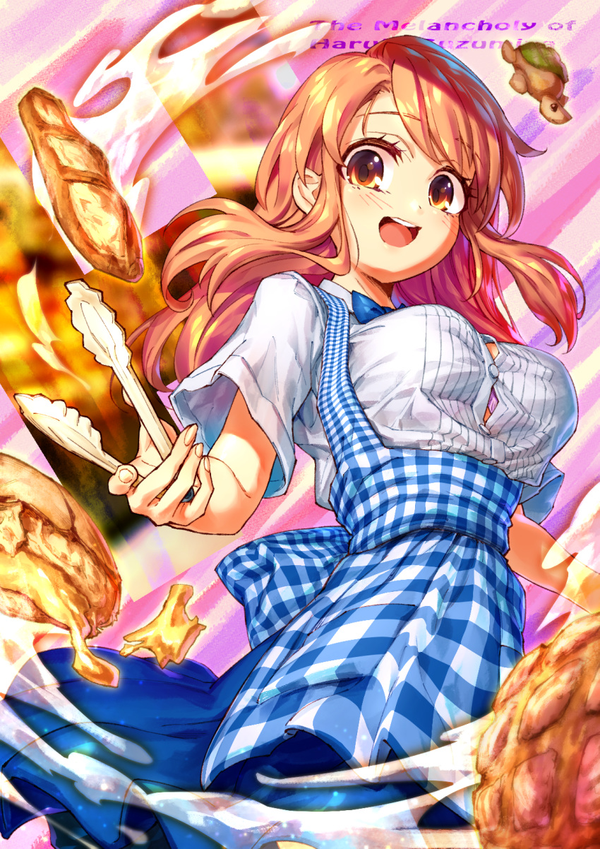 1girl asahina_mikuru blush breasts colorful cooking dedeen highres kobeya kobeya_uniform large_breasts long_hair multicolored multicolored_background open_mouth shiny short_sleeves skirt smile suzumiya_haruhi_no_yuuutsu teeth tongs yellow_eyes