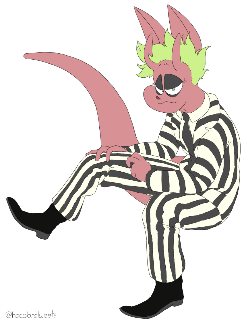 anthro betelgeuse_(beetlejuice) boots clothing demon eyeshadow felid footwear green_hair hair halloween hi_res highlights_(coloring) hocolatemilk holidays horn long_tail looking_at_viewer makeup male mammal necktie oscar_(snivybatt) pale_skin pinup pose prehensile_tail sitting smile smirk solo stripes suit tired