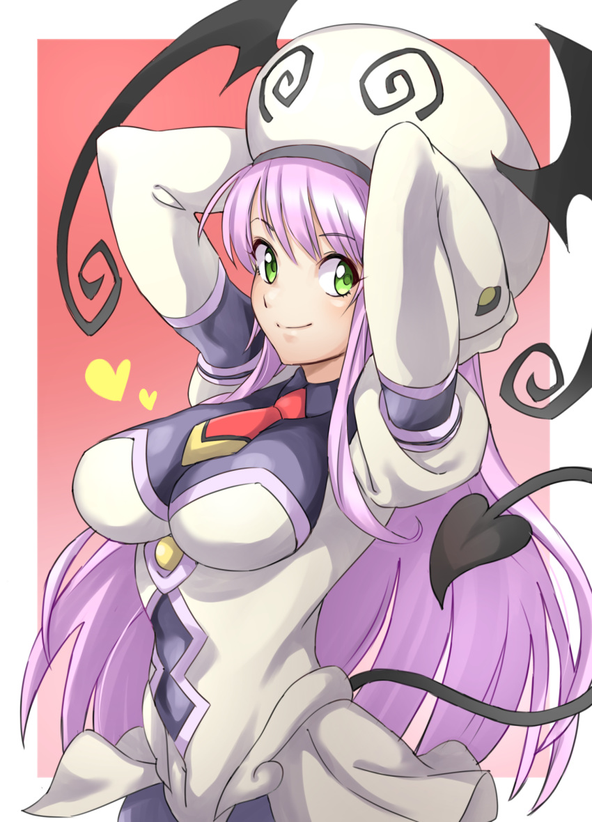 1girl arms_behind_head arms_up bangs breasts closed_mouth demon_tail eyebrows_visible_through_hair green_eyes hat heart highres lala_satalin_deviluke large_breasts long_hair necktie peke pretty-purin720 purple_hair showgirl_skirt skin_tight smile solo straight_hair tail tail_raised to_love-ru very_long_hair white_headwear winged_hat