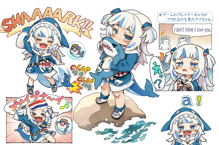 1girl a animal_hood bangs bloop_(gawr_gura) blue_eyes blue_hair blue_hoodie blunt_bangs fish_skeleton gawr_gura hair_ornament highres hololive hololive_english holomyth hood itsuki_tasuku medium_hair multicolored_hair plug_&amp;_play shark shark_costume shark_girl shark_hair_ornament shark_hood shark_print shark_tail sharp_teeth shoes silver_hair sleeves_past_wrists sneakers streaked_hair tail teeth two_side_up virtual_youtuber white_footwear wide_sleeves