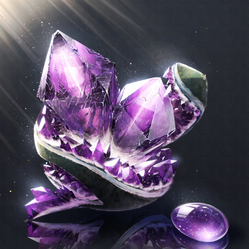 amethyst_(gemstone) cluseller commentary_request crystal gem geode grey_background highres jpeg_artifacts light_particles light_rays no_humans original reflection rock shiny simple_background still_life