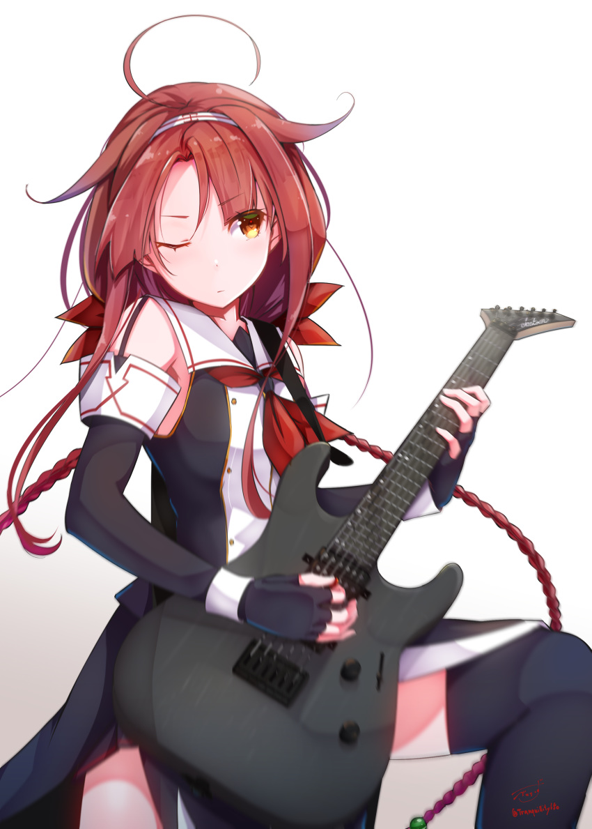 1girl absurdres ahoge artist_name baileys_(tranquillity650) bare_shoulders black_gloves black_legwear black_serafuku black_skirt braid detached_sleeves electric_guitar fingerless_gloves gloves gradient gradient_background guitar hair_flaps hairband highres instrument kantai_collection kawakaze_(kantai_collection) long_hair music playing_instrument pleated_skirt red_hair remodel_(kantai_collection) school_uniform serafuku signature skirt solo thighhighs twin_braids twitter_username white_background white_hairband yellow_eyes