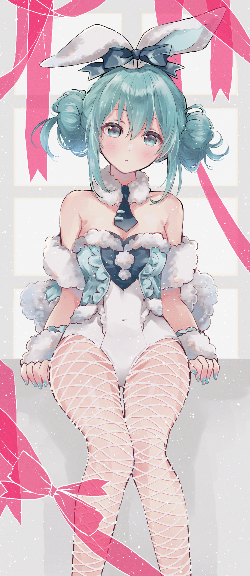 1girl absurdres animal_ears aqua_eyes aqua_hair aqua_nails bare_shoulders bicute_bunnies_miku breasts bunny_ears collar double_bun ear_ribbon fishnet_legwear fishnets hair_between_eyes hatsune_miku head_tilt highres huge_filesize kuru_(krkr8686) leotard medium_breasts mini_necktie pantyhose sitting solo vocaloid white_legwear