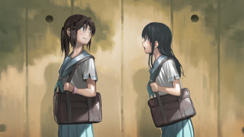 2girls bag black_eyes black_hair blue_neckwear blue_sailor_collar blue_skirt brown_eyes brown_hair closed_mouth eye_contact from_side hibike!_euphonium kasaki_nozomi liz_to_aoi_tori looking_at_another looking_back making-of_available multiple_girls neckerchief nishimawari_kouro open_mouth pleated_skirt ponytail profile sailor_collar school_bag school_uniform serafuku shirt short_sleeves shoulder_bag skirt smile white_shirt yoroizuka_mizore