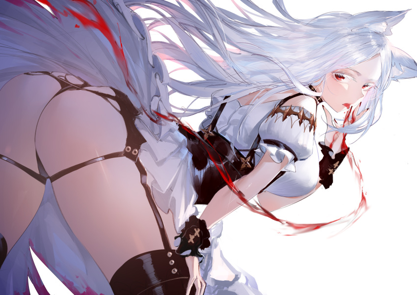 animal_ears ass blood corset garter_belt horz long_hair original red_eyes white white_hair wristwear