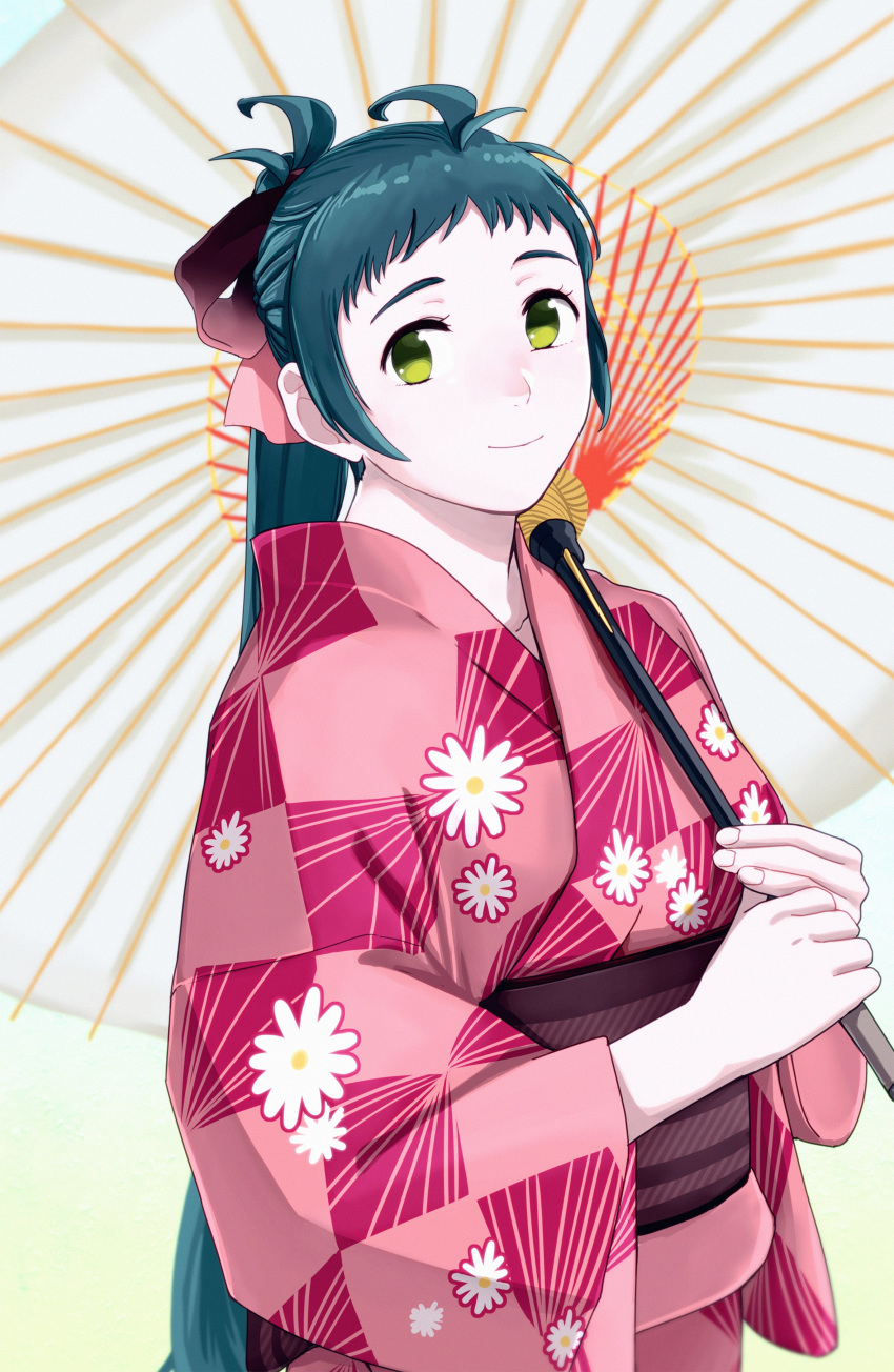 1girl absurdres alternate_costume checkered checkered_kimono commentary_request floral_print green_eyes green_hair hair_ribbon highres irako_(kantai_collection) japanese_clothes kantai_collection kimono long_hair looking_at_viewer ojipon pink_kimono ponytail ribbon simple_background smile solo upper_body white_background yukata