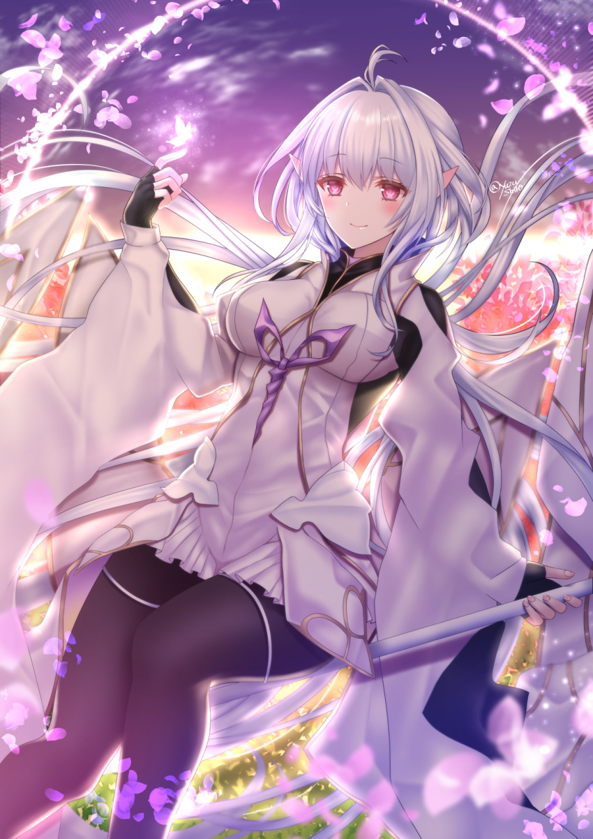 1girl ahoge black_gloves black_legwear blush dress fate/grand_order fate_(series) fingerless_gloves gloves highres holding holding_staff leggings long_hair looking_at_viewer merlin_(fate/prototype) petals pointy_ears purple_eyes silver_hair smile solo staff twitter_username very_long_hair white_dress wide_sleeves yuzushiro