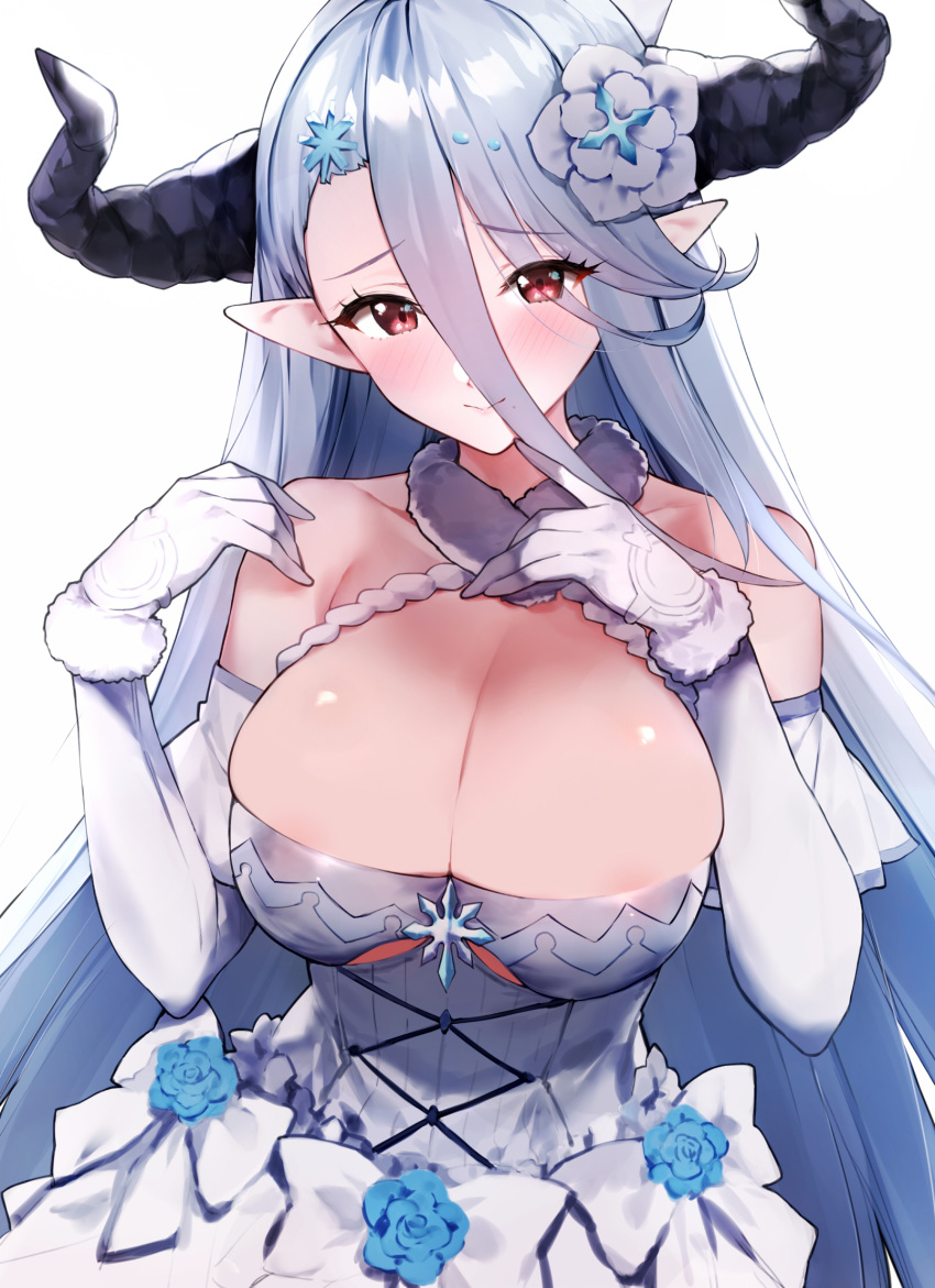 1girl bangs bare_shoulders blush breasts cleavage closed_mouth draph dress elbow_gloves flower gloves granblue_fantasy hair_between_eyes hair_flower hair_ornament hat highres horns izmir large_breasts long_hair looking_at_viewer mole mole_under_mouth pointy_ears red_eyes remora180 silver_hair simple_background smile white_background white_dress white_gloves white_headwear