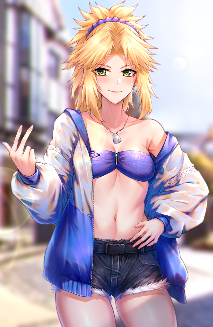 1girl absurdres blonde_hair blue_shorts blush breasts choukoukou_no_diaosi cutoff_jeans cutoffs denim denim_shorts dog_tags eyes_visible_through_hair fate/grand_order fate_(series) green_eyes hand_on_hip happy heart heart-shaped_pupils highres mordred_(fate) mordred_(fate)_(all) navel open_clothes short_hair short_ponytail short_shorts shorts small_breasts smile solo symbol-shaped_pupils