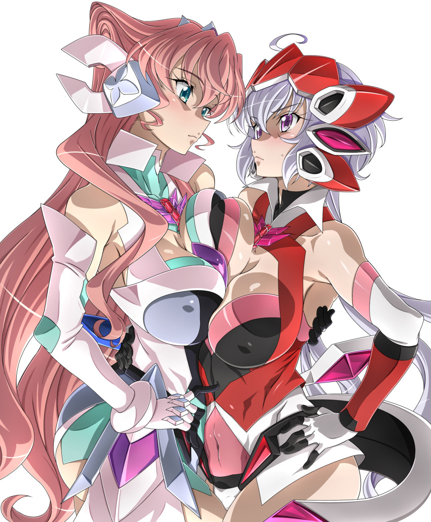 2girls ahoge aqua_eyes arm_around_waist bare_shoulders blush breast_press breasts covered_navel covered_nipples elbow_gloves eye_contact gloves goridou headgear highres large_breasts leotard light_purple_hair long_hair looking_at_another low_twintails maria_cadenzavna_eve multiple_girls pink_hair purple_eyes red_leotard senki_zesshou_symphogear shiny shiny_hair shiny_skin simple_background standing symmetrical_docking twintails white_background white_leotard yukine_chris