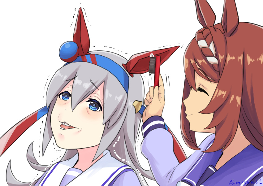 2girls animal_ears blue_eyes brown_hair brush closed_eyes closed_mouth ear_cleaning ear_covers highres horse_ears horse_girl long_hair long_sleeves misumi_(niku-kyu) multicolored_hair multiple_girls open_mouth purple_sailor_collar sailor_collar school_uniform silver_hair simple_background smile super_creek_(umamusume) tamamo_cross_(umamusume) tracen_school_uniform trembling two-tone_hair umamusume white_background white_hair white_sailor_collar