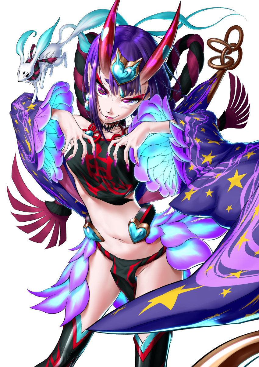 1girl :p absurdres bangs bare_shoulders blue_fire chinese_clothes claw_pose dedeen detached_sleeves dudou earrings eyeshadow fate/grand_order fate_(series) fingernails fire forehead_jewel fox headpiece heart highres horns jewelry looking_at_viewer makeup nail_polish navel oni oni_horns pelvic_curtain pointy_ears purple_eyes purple_hair purple_nails sharp_fingernails short_hair shuten_douji_(fate/grand_order) shuten_douji_(halloween_caster)_(fate) smile solo spirit thighhighs tongue tongue_out wind